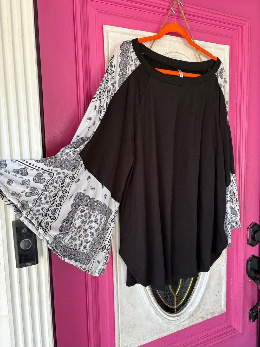 Emerald Black Top with White Printed Bell Sleeves
